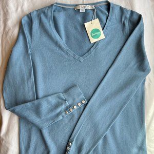 Boden Blue V Neck Sweater With Button Sleeve Size Medium NWT